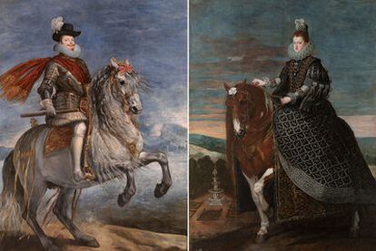 Retratos de Felipe III y Margarita de Austria antes (en pequeño) y después de la restauración.