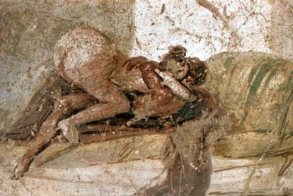 Uno de los murales eróticos de  Pompeya que sobrevivieron a la erupción del Vesubio en el año 79.