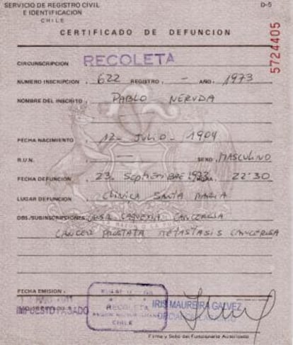 Certificado de defunción de Pablo Neruda.