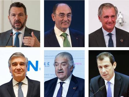 Rodrigo Buenaventura, presidente de la CNMV; Ignacio Sánchez Galán (Iberdrola), José Manuel Entrecanales (Acciona Energía); Francisco Reynés (Naturgy); José Bogas (Endesa), y Miguel Stilwell de Andrade (EDP Renewables).