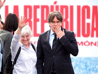 Desde la izquierda, los eurodiputados Toni Comín, Clara Ponsatí y Carles Puigdemont, en una imagen de archivo.