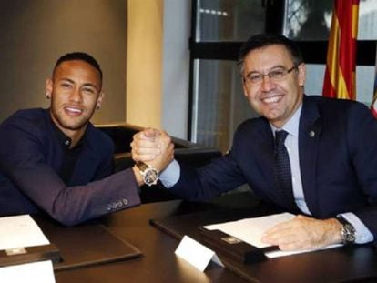 Neymar y Bartomeu, el día de la renovación del jugador hasta 2021.