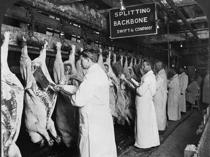 Trabajadores del matadero de Chicago apalean los cadáveres de varios cerdos muertos. Es 1906, un año después de que Upton Sinclair publicara 'La jungla'.