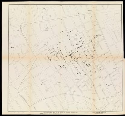 Mapa elaborado por el médico John Snow en 1854 del barrio londinense de Soho y que permitió frenar la epidemia de cólera