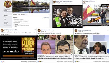 Posts en Facebook de las páginas Unidad Nacional Española y Zarote TV, inhabilitadas por la red social.