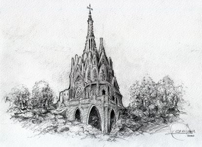 Así dibujó Jujol la ermita de la Mare de Déu de Montserrat.