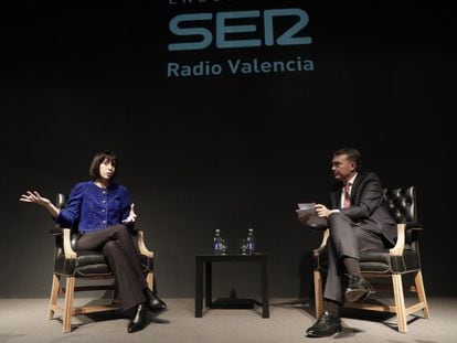 La ministra Diana Morant y el director de Cadena SER en la Comunidad Valenciana, Bernardo Guzmán, este jueves en la Ciudad Politécnica de la Innovación de Valencia.