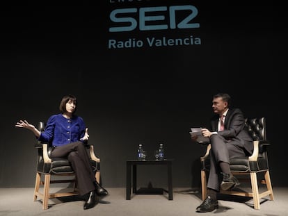 La ministra Diana Morant y el director de Cadena SER en la Comunidad Valenciana, Bernardo Guzmán, este jueves en la Ciudad Politécnica de la Innovación de Valencia.