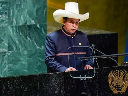 El presidente de Perú, Pedro Castillo, durante una sesión de la Asamblea General de la ONU, el pasado 21 de septiembre, en Nueva York (Estados Unidos).