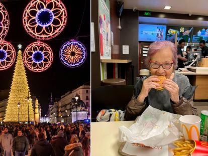 La puerta del Sol de Madrid, el sábado, y Elena, la madre, durante una cena de Nochebuena con su hija en el McDonald’s.