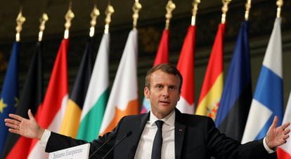 El presidente frnacés, Emmanuel Macron, durante un discurso este martes en París.