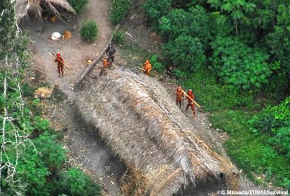 Uncontacted Indians in Brazil seen from the sky during a Brazilian government expedition, Acre, May 2008.