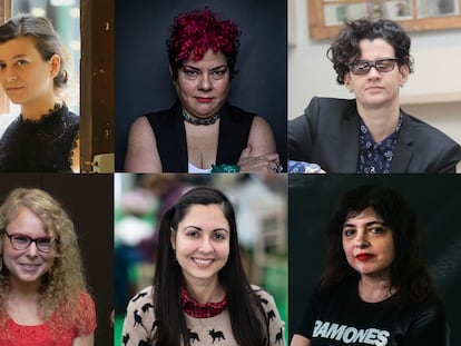 De arriba abajo y de izquierda a derecha, Samanta Schweblin, María Fernanda Ampuero, Rita Indiana, Jennifer Thorndike, Liliana Colanzi y Mariana Enriquez.