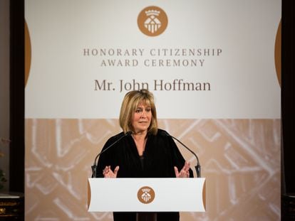 La alcaldesa de L'Hospitalet, Núria Marín, este miércoles en un acto de homenaje al consejero delegado del Mobile World Congress, John Hoffman.