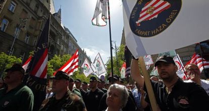 Seguidores del partido Jobbik protestan contra la celebraci&oacute;n del Congreso Mundial Jud&iacute;o en Budapest, en mayo pasado.
