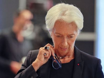 La presidenta del BCE, Christine Lagarde, en el anuncio de la subida de tipos este jueves en Fráncfort.