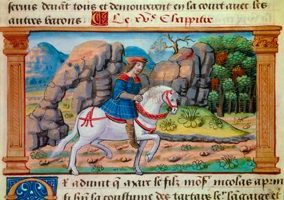 Miniature of Marco Polo on horseback in the 'Book of the Wonders of the World' or 'Description of the World', in the De L Arsenal Library in Paris.