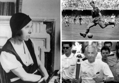 La periodista Irene Polo en 1934; Ladislao Kubala, con el Barça, en 1958, y Juan Antonio Samaranch, durante el recorrido de la antorcha olímpica previo las Olimpiadas de 1992.