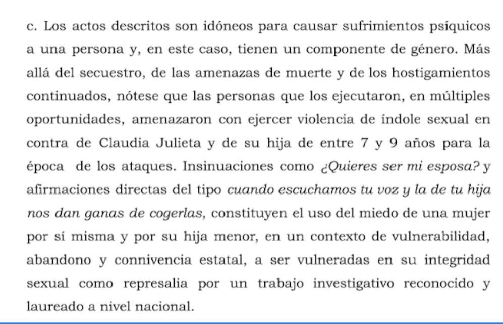 Fragmento del fallo a favor de Claudia Julieta Duque, del pasado 20 de noviembre.