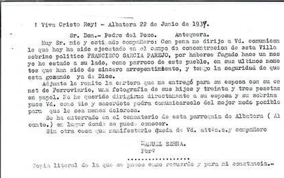 Copia de la carta de fusilamiento de Francisco García. para el Juzgado de 1979.