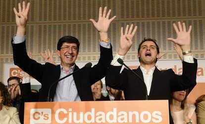Juan Marín y Albert Rivera, tras las elecciones andaluzas, el 22 de marzo de 2015.
