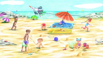 Ilustración de interior del libro infantil 'Vamos a la playa', de Verónica Fabregat, editado por Akiara Books.