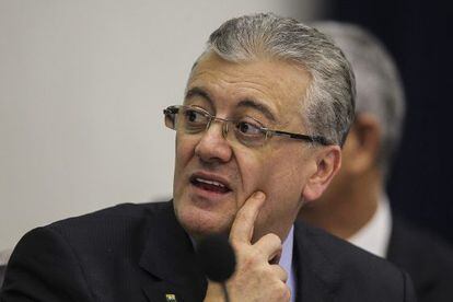 El presidente de Petrobras, Aldemir Bendine, este miércoles durante la presentación de los resultados financieros auditados de 2014.