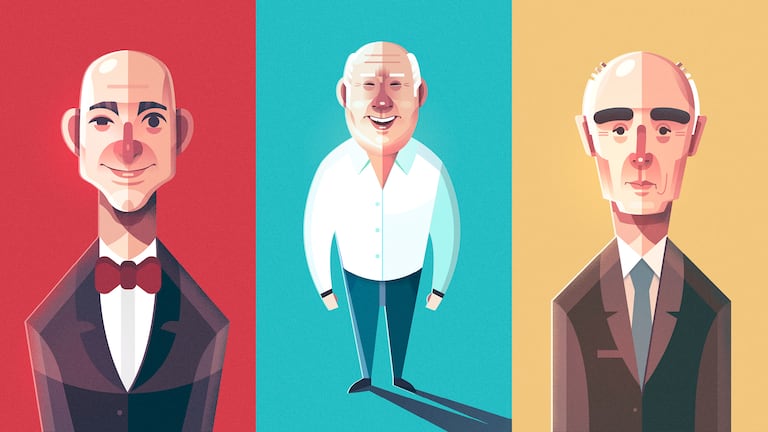 Ilustraciones de Jeff bezos, Amancio Ortega y Rafael del Pino.