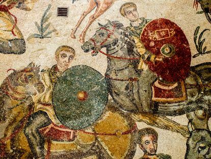 Detalle de los mosaicos de la villa romana del Casale, Piazza Armerina, Sicilia, Italia.
