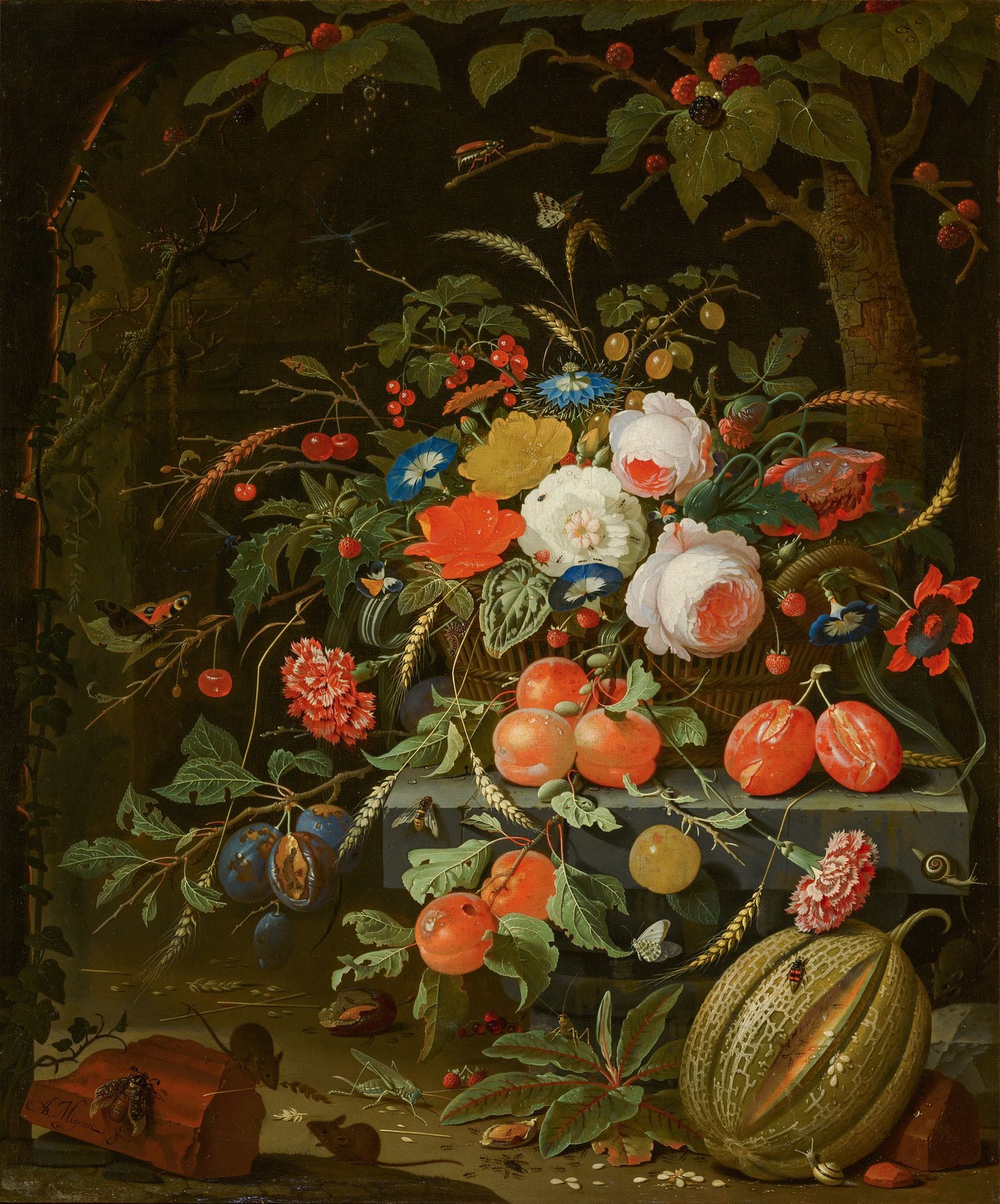 'Bodegón con flores y frutas', pintado en 1670 por Abraham Mignon.