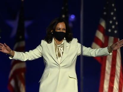 Kamala Harris, vicepresidenta electa de EE UU, celebra los resultados electorales.