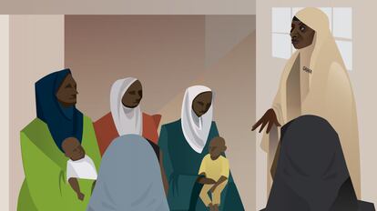 La ilustración representa a la trabajadora sanitaria Amina Ahmed instruyendo a un grupo de madres sobre las vacunas.