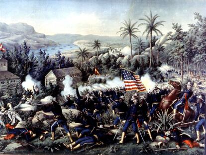 Kurz Allison's engraving of the Battle of Quasnimas, in the Philippines, in 1898.