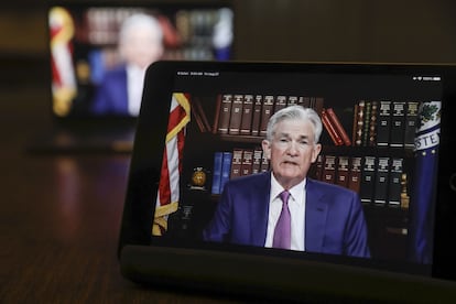 Jerome Powell, presidente de la Fed, durante la reunión de Jackson Hole.