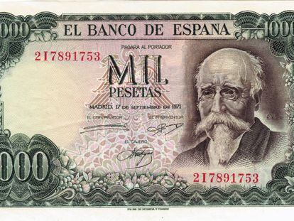 Billete de 1.000 pesetas con el retrato de Echegaray. 