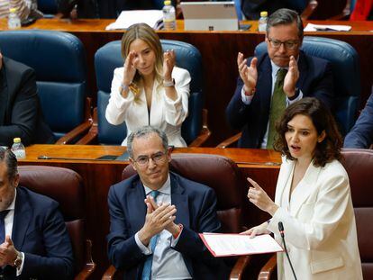 La presidenta de la Comunidad de Madrid, Isabel Díaz Ayuso, este jueves durante el pleno en la Asamblea de Madrid.