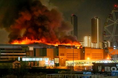 Crocus City Hall, on fire after Friday's attack. 