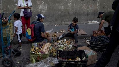 Venezolanos recogen residuos de frutas y verduras del suelo en las inmediaciones de un mercado callejero, en Caracas.