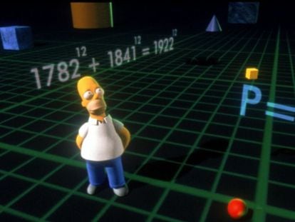 Homer, rodeado por un contraejemplo del Teorema de Fermat.
