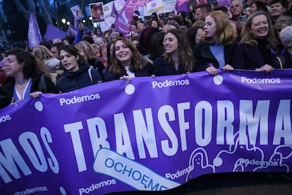 Cabecera de Podemos durante una de las manifestaciones convocadas por el Día Internacional de la Mujer, el pasado 8 de marzo.
