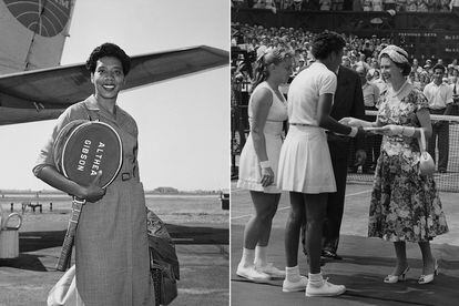Gibson, with his personalized rackets in 1959 and, on the right, greeting Elizabeth II at Wimbledon in 1957.