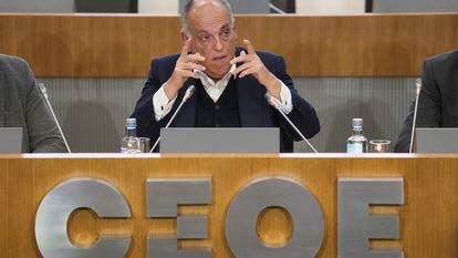 Javier Tebas, presidente de LaLiga, este viernes en la sede de CEOE, en Madrid.