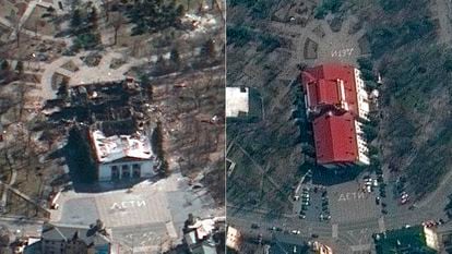 View of the Mariupol theater (Ukraine).  On March 19 (on the left) and March 14.