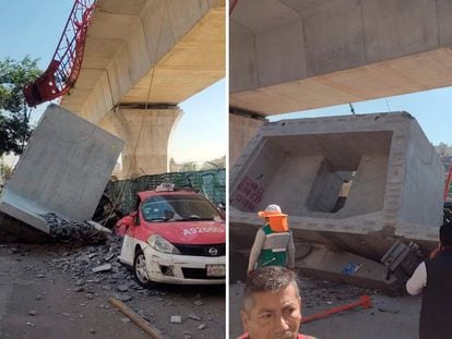 El pedazo de estructura del Tren Interurbano que se desprendió este martes, en la ciudad de Toluca, en imágenes compartidas en redes sociales.