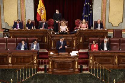 El presidente del Gobierno, Pedro Sánchez, interviene durante la primera jornada del debate sobre el estado de la nación. Se trata del primer debate de esta índole que se celebra en 7 años.