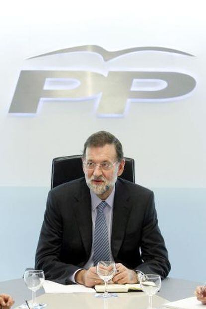 Rajoy, ayer en  una reuni&oacute;n en G&eacute;nova.
