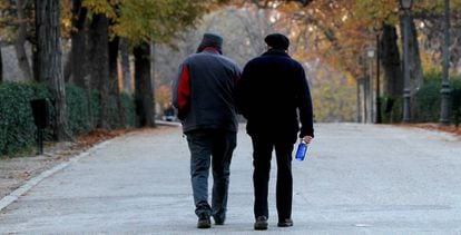Una pareja de jubilados en el parque del Retiro en Madrid.