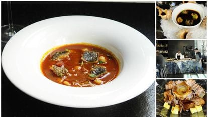 Callos de almadraba hechos con piel de atún y, a la derecha, de arriba a abajo, cañaíllas a la madrileña, el equipo de cocina trabajando a la vista y plato con tuétano de atún.