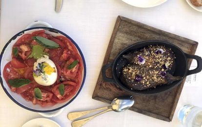 Tomate rosa de Barbastro con burrata y berenjenas asadas.