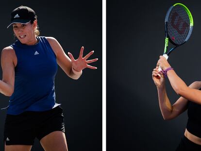 Garbiñe Muguruza y Paula Badosa, durante sus respectivos entrenamientos en Guadalajara. / AFP